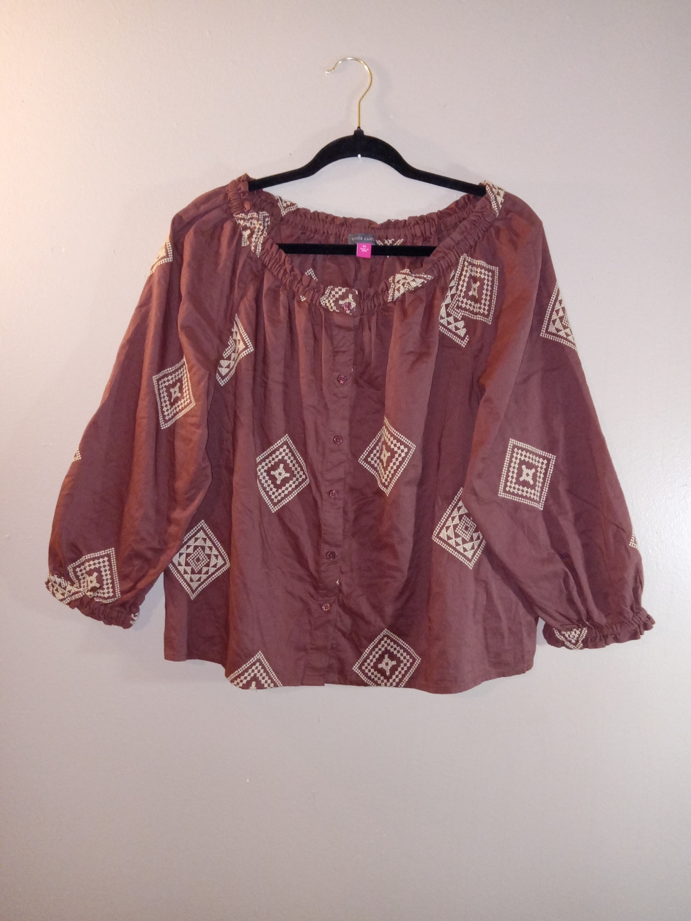 Vince Camuto Brown Embroidered Peasant Blouse